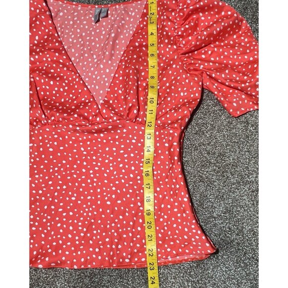 asos Women’s Top Blouse Size 6 Red V Neck Short Puff Sleeves Zipper - Picture 6 of 11